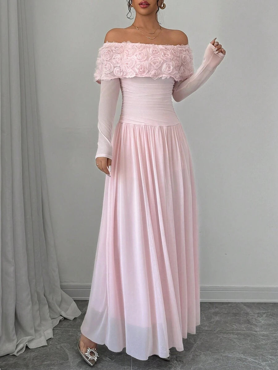 SHEIN Glyssa فستان ماكسي وردي مزين بالفراشات وكتف مكشوف