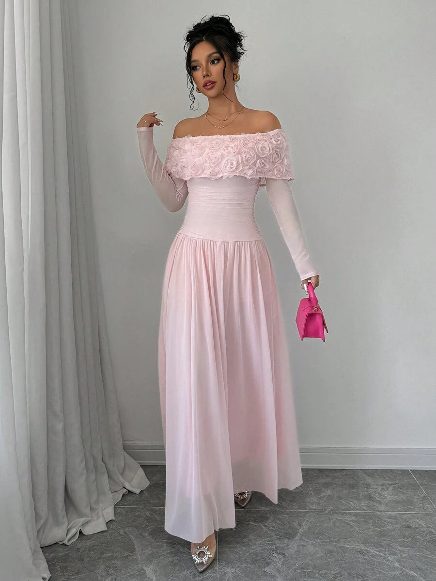 SHEIN Glyssa فستان ماكسي وردي مزين بالفراشات وكتف مكشوف