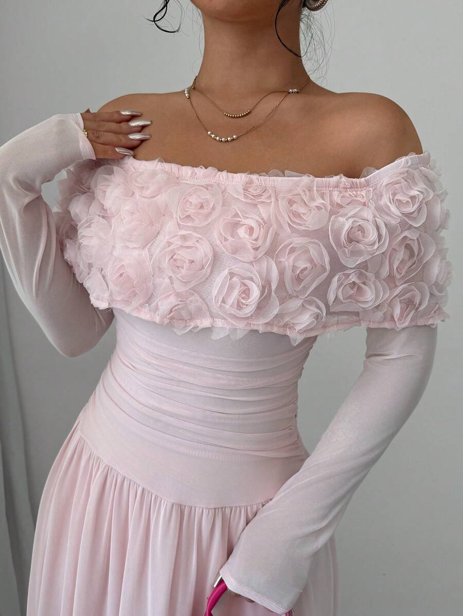 SHEIN Glyssa فستان ماكسي وردي مزين بالفراشات وكتف مكشوف