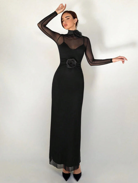 SHEIN Aloruh فستان أسود بأكمام طويلة بتطريز زهري