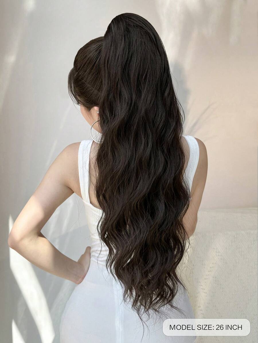 SHEIN ذيل حصان شعر طبيعي موجي بلون أسود بني 26 بوصة
