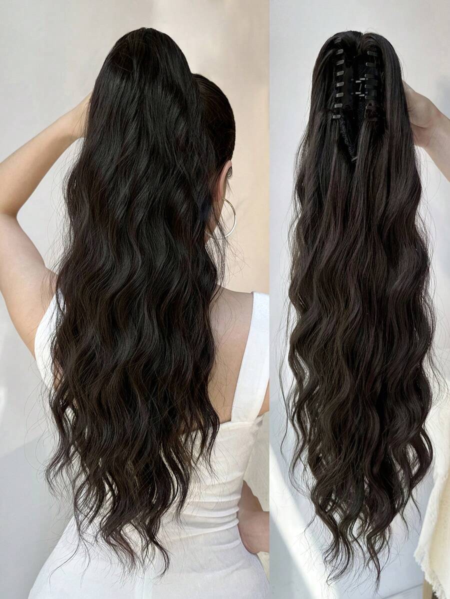 SHEIN ذيل حصان شعر طبيعي موجي بلون أسود بني 26 بوصة