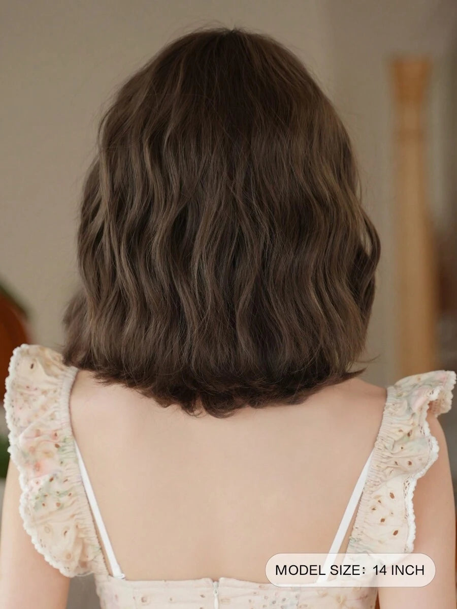 SHEIN NAMM طقم شعر مستعار قصير بني داكن متموج مع غرة ستائر 14 بوصة