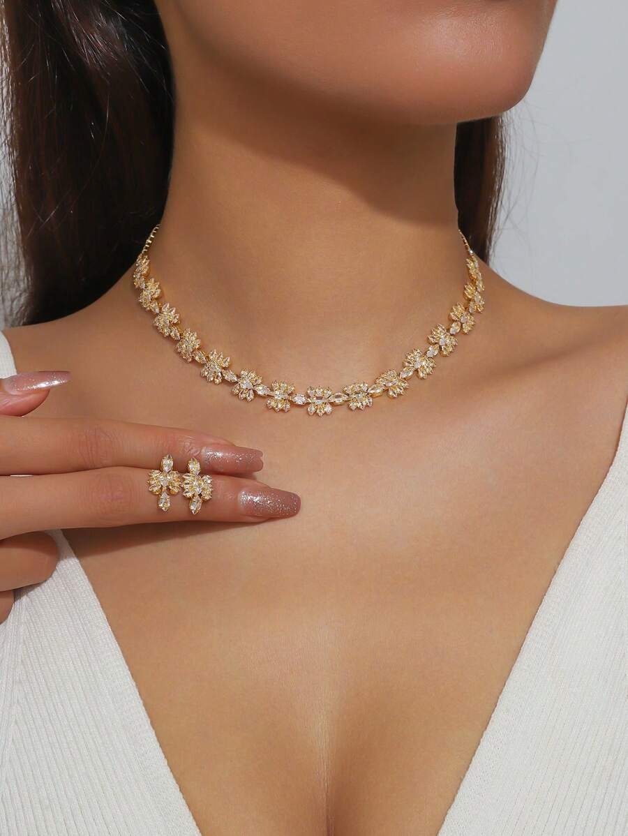 SHEIN طقم مجوهرات فاخر ذهب 18 قيراط بالكريستال