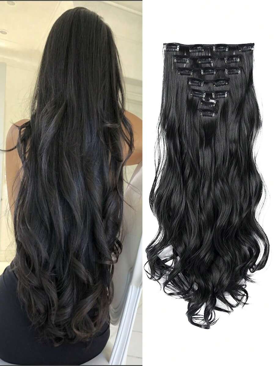 SHEIN طقم 7 قطع امتدادات شعر طويل مجعد أسود
