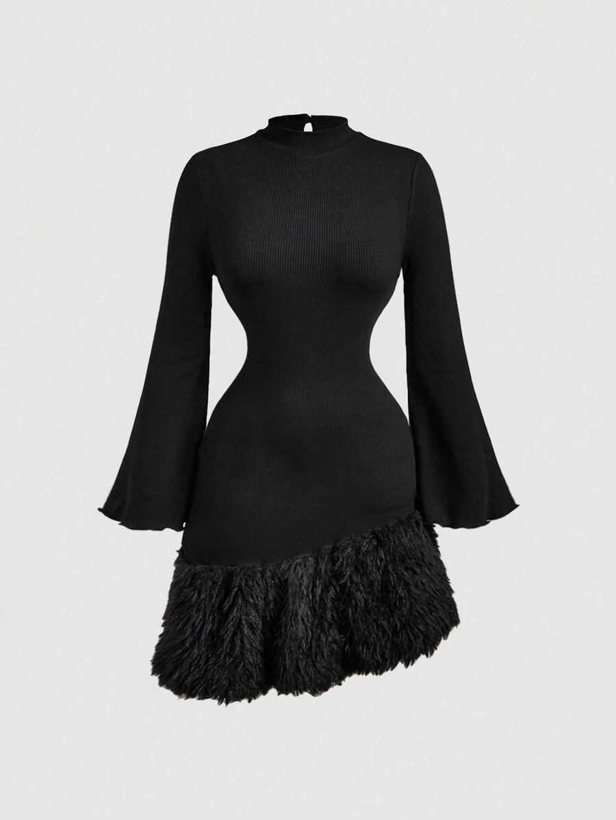 SHEIN MOD فستان أسود بكم طويل منفوخ بحافة غير متماثلة