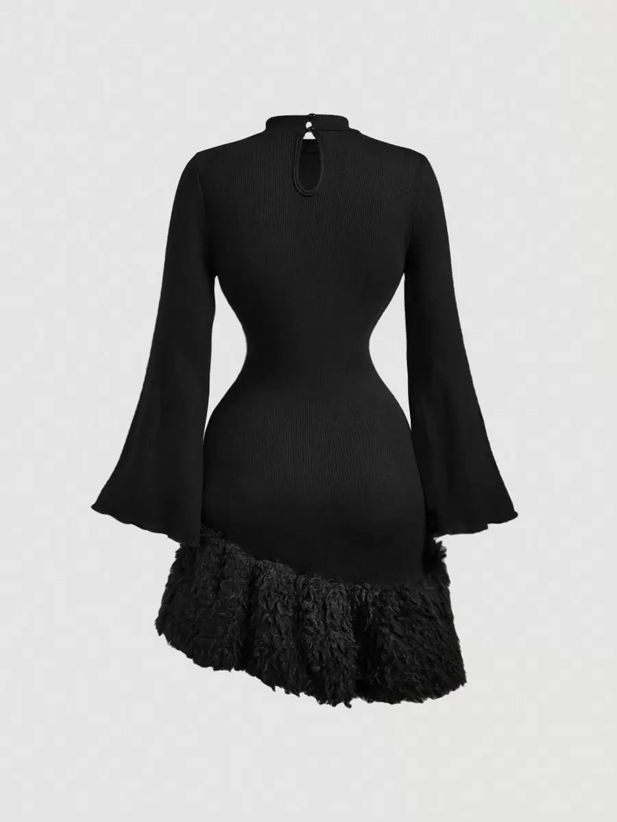 SHEIN MOD فستان أسود بكم طويل منفوخ بحافة غير متماثلة