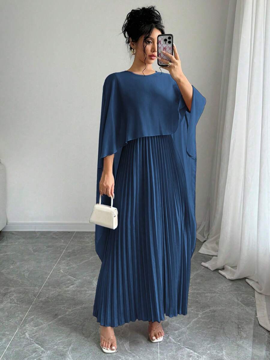 SHEIN Rafferiza فستان ماكسي  بأكمام خفافيش مطوي بلون أزرق