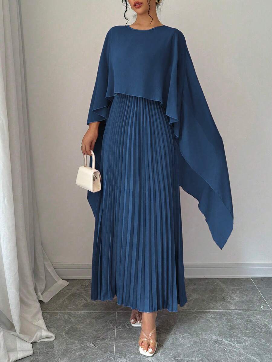 SHEIN Rafferiza فستان ماكسي  بأكمام خفافيش مطوي بلون أزرق