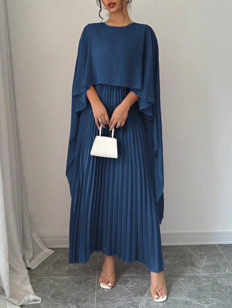 SHEIN Rafferiza فستان ماكسي  بأكمام خفافيش مطوي بلون أزرق