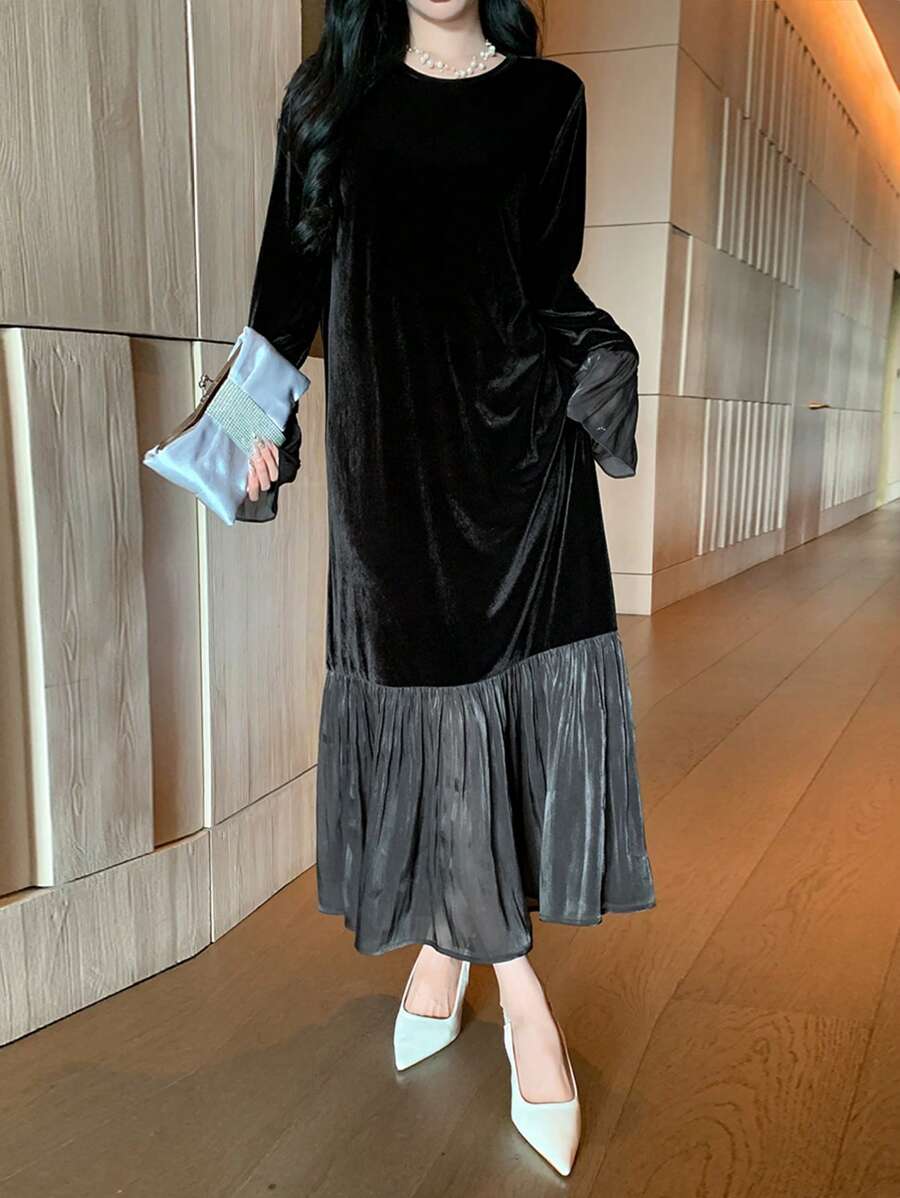 SHEIN FRIFUL فستان اسود متوسط الطول مبطن حراريًا بتصميم لوحات