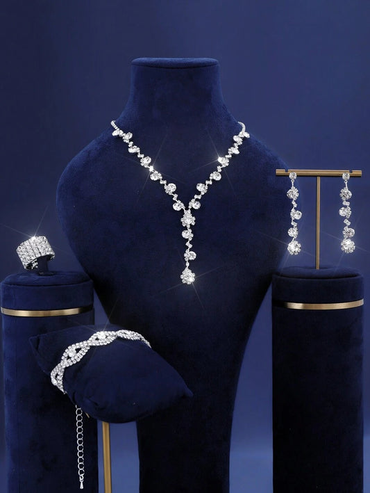 SHEIN مجموعة مجوهرات ابيض 4 قطع كريستال