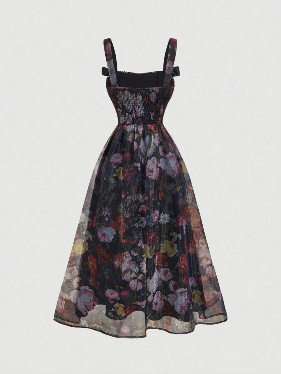 SHEIN MOD فستان أسود بطبعة زهور وربطة عنق