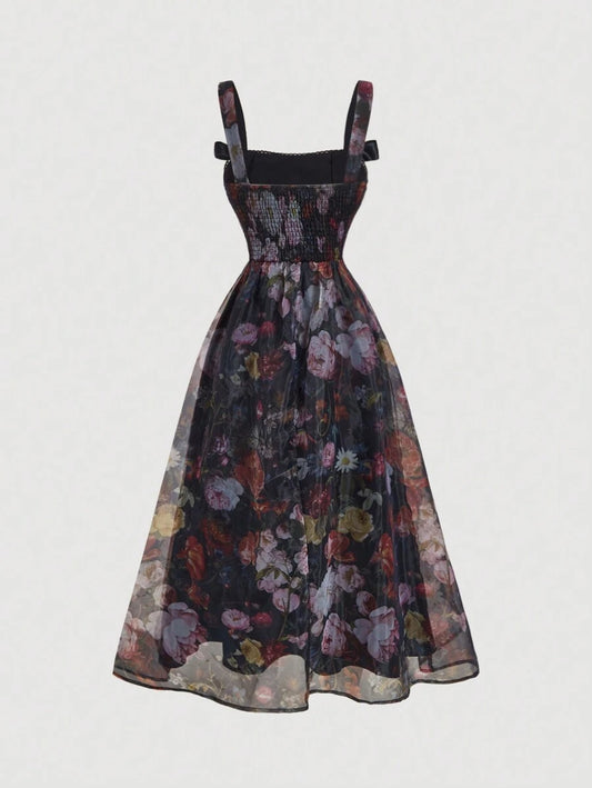 SHEIN MOD فستان أسود بطبعة زهور وربطة عنق