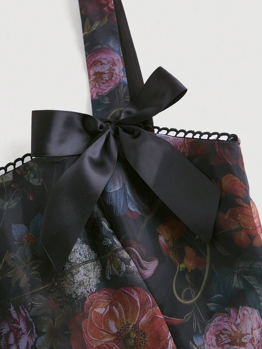 SHEIN MOD فستان أسود بطبعة زهور وربطة عنق