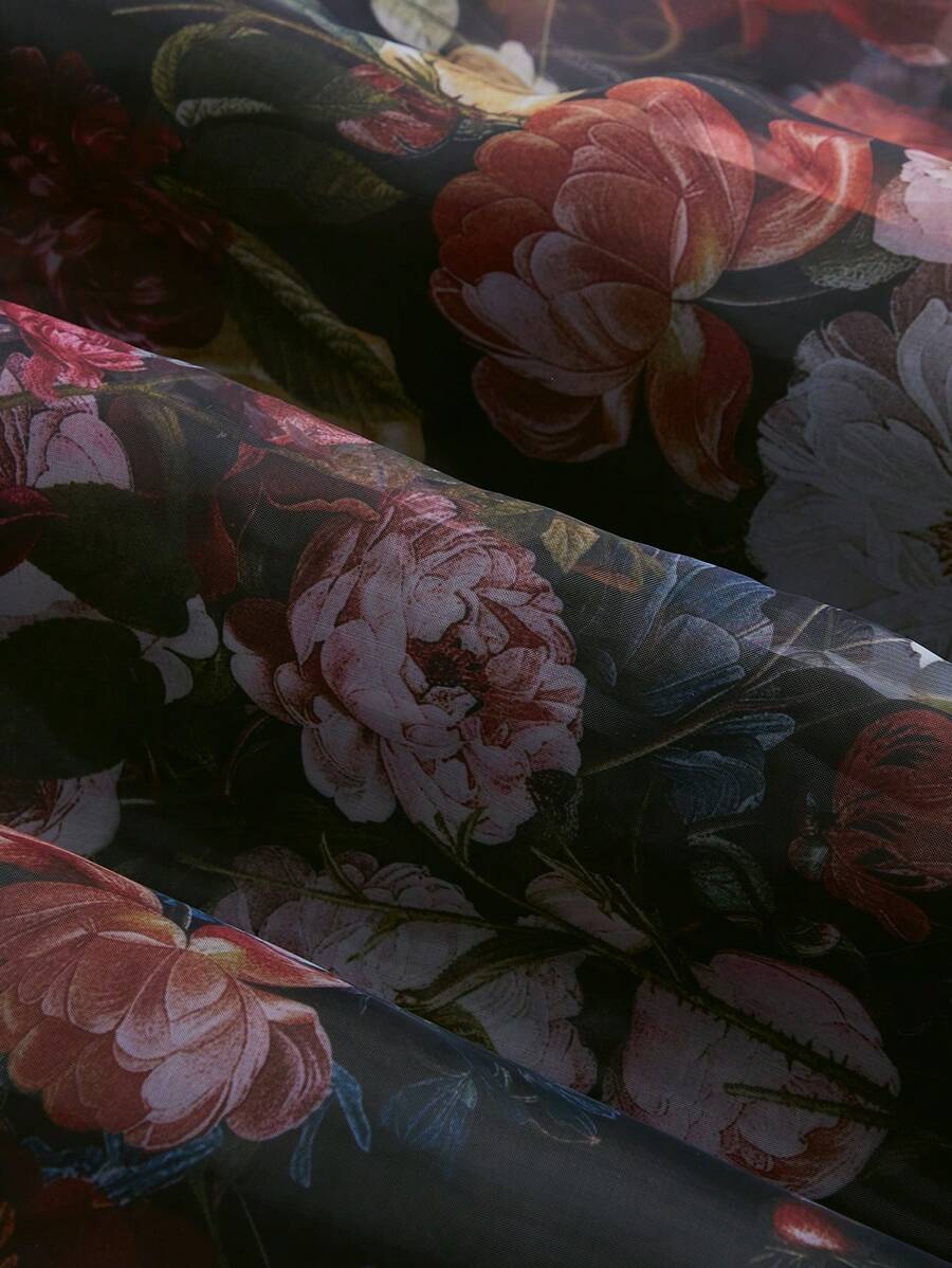 SHEIN MOD فستان أسود بطبعة زهور وربطة عنق