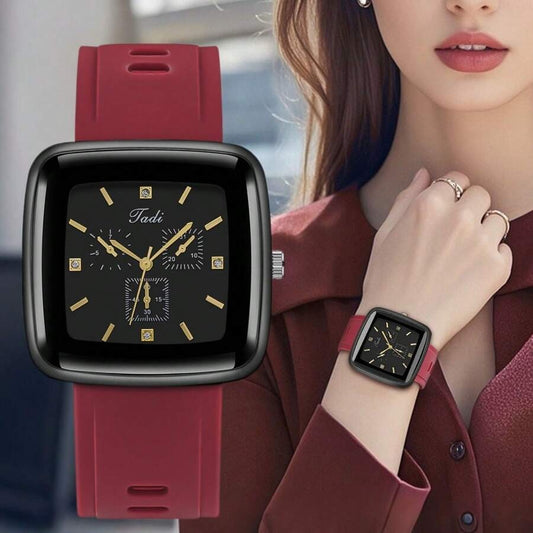 SHEIN ساعة كوارتز بوجه مربع أحمر