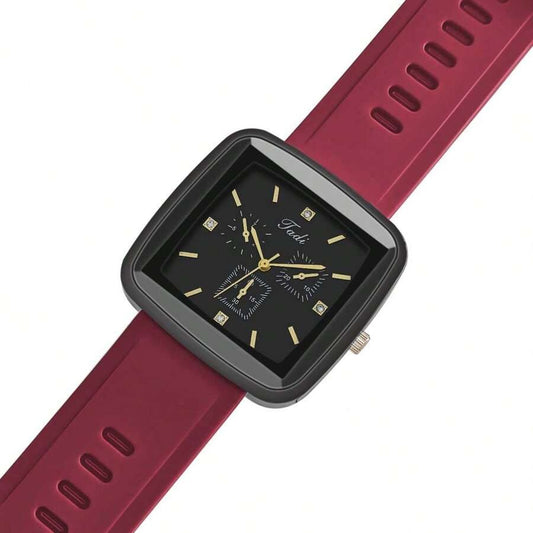 SHEIN ساعة كوارتز بوجه مربع أحمر