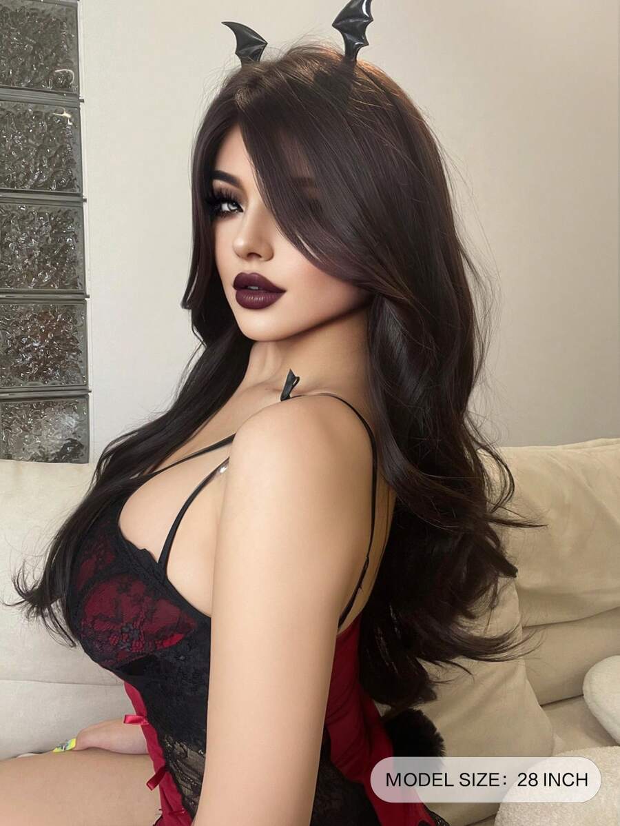 SHEIN شعر مستعار بني طويل مموج 28 بوصة مقاوم للحرارة