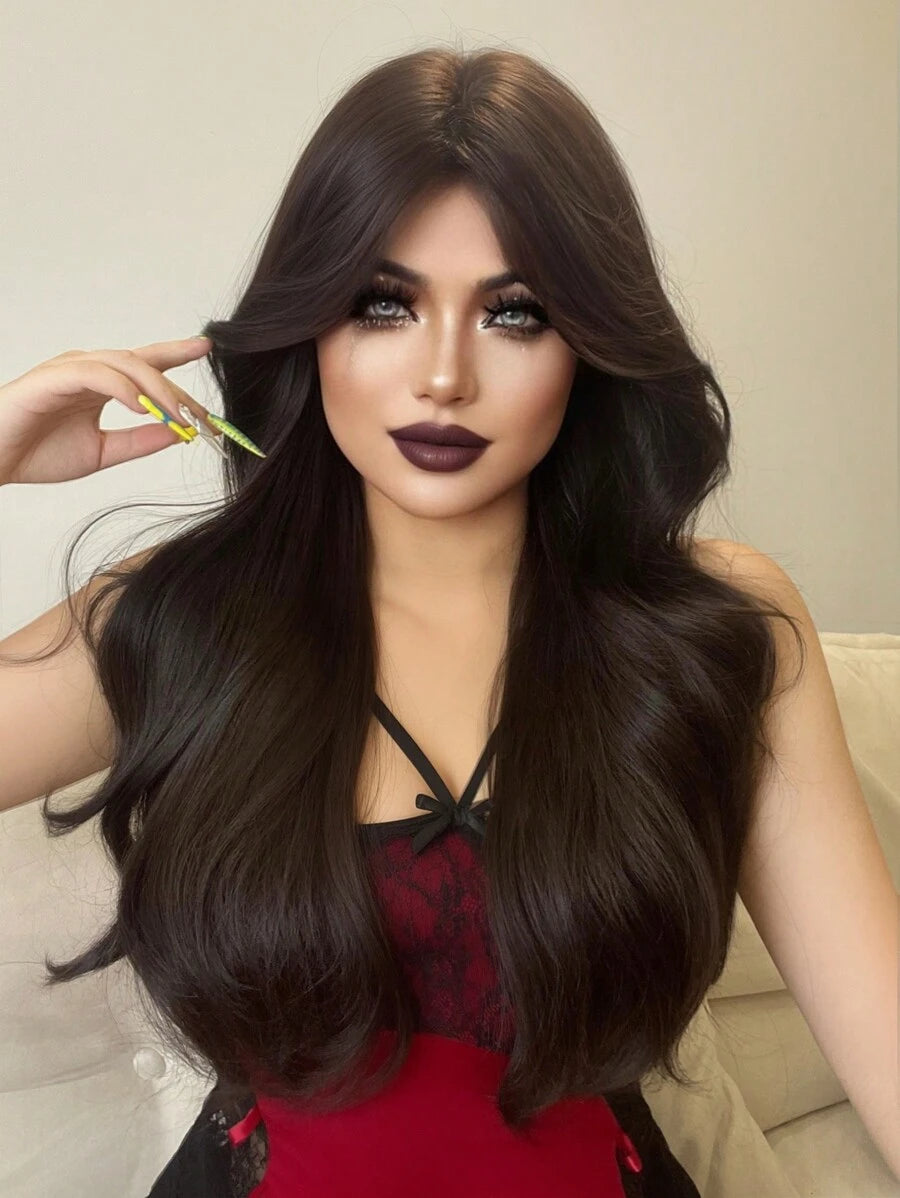 SHEIN شعر مستعار بني طويل مموج 28 بوصة مقاوم للحرارة