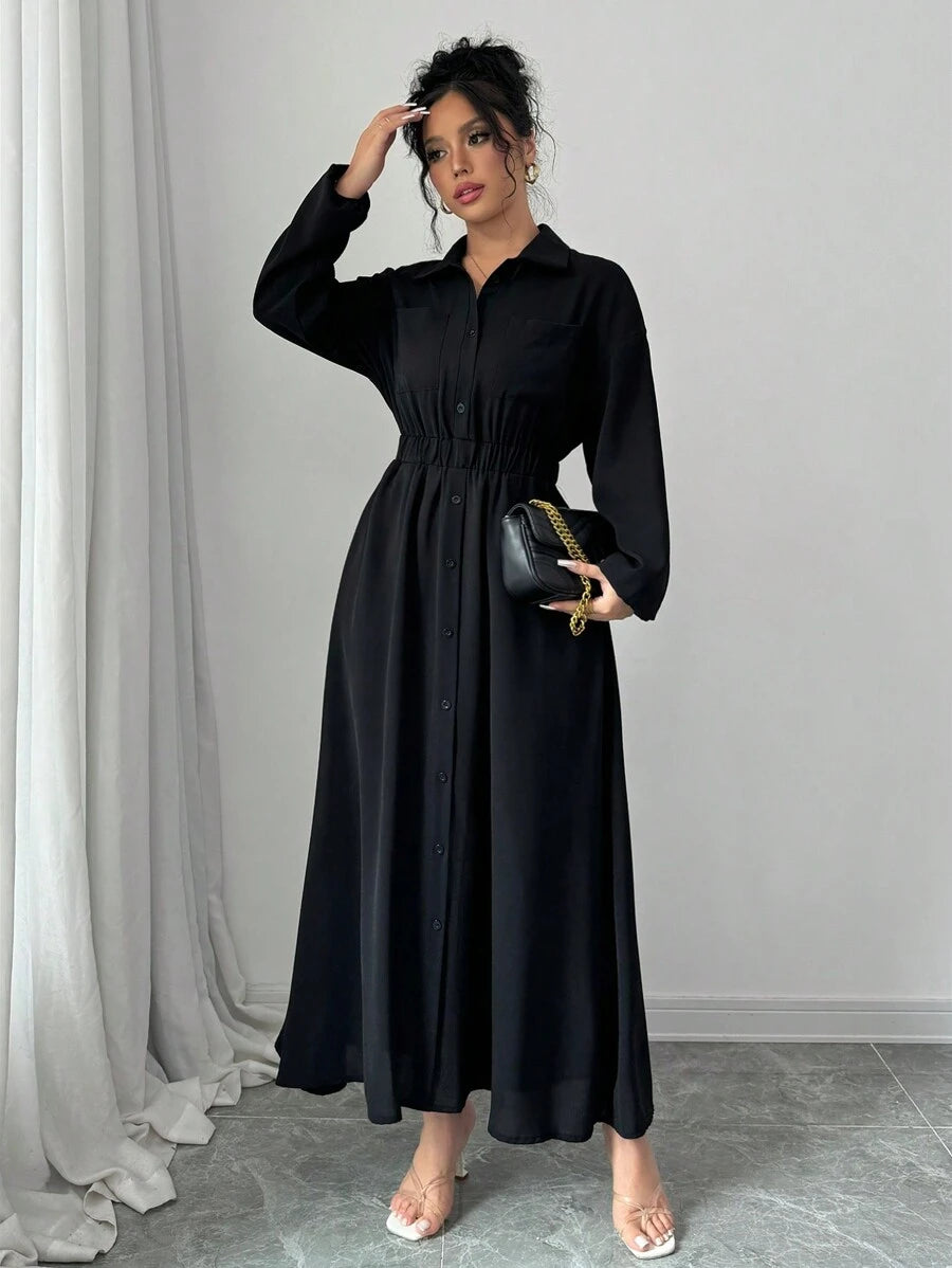 SHEIN Elenzga فستان أسود طويل كاجوال بأكمام طويلة وأزرار أمامية