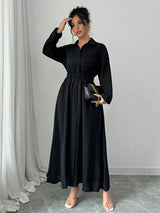 SHEIN Elenzga فستان أسود طويل كاجوال بأكمام طويلة وأزرار أمامية