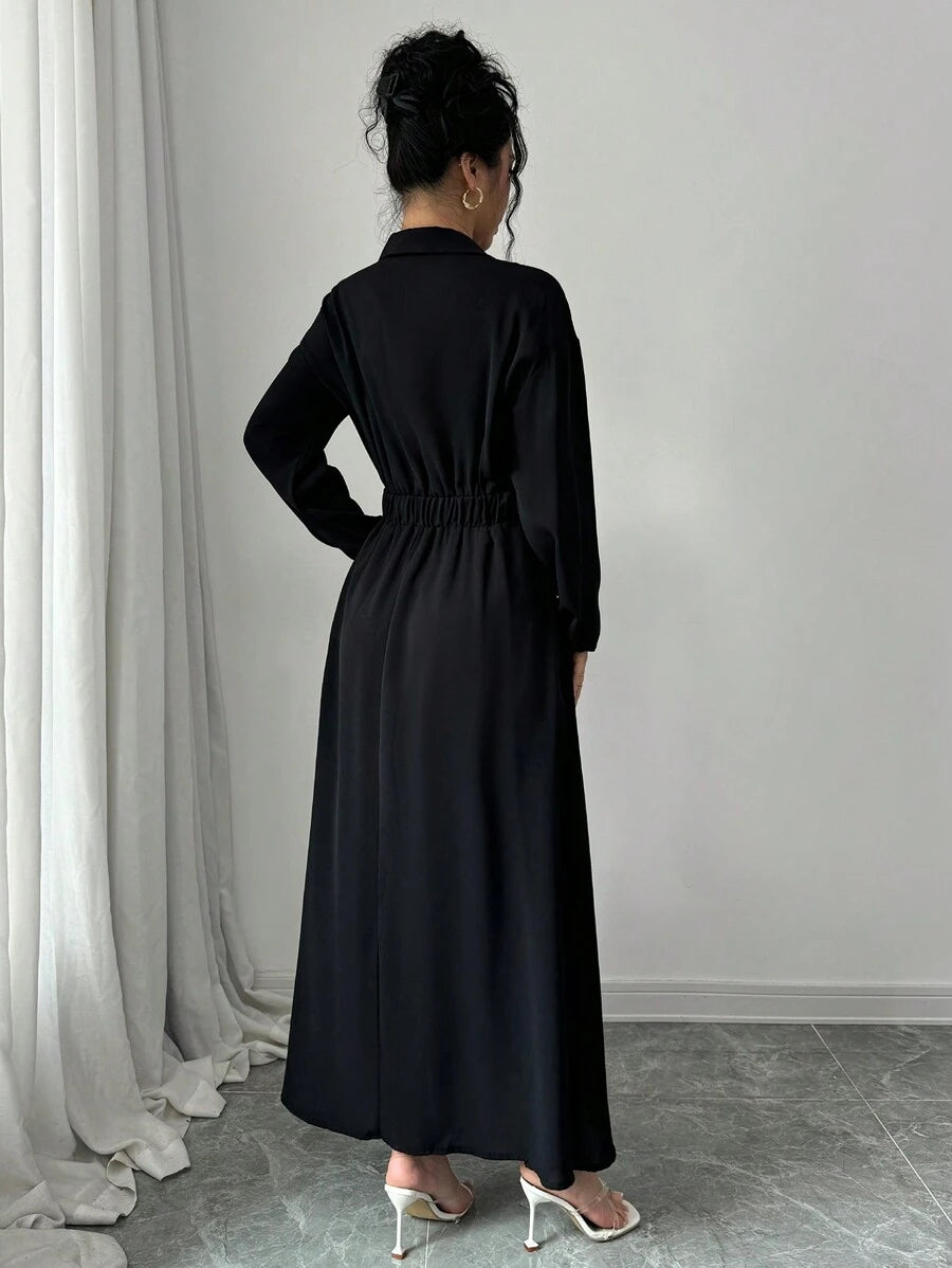 SHEIN Elenzga فستان أسود طويل كاجوال بأكمام طويلة وأزرار أمامية
