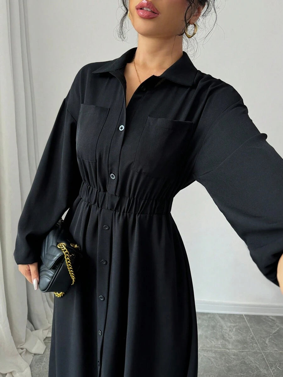 SHEIN Elenzga فستان أسود طويل كاجوال بأكمام طويلة وأزرار أمامية