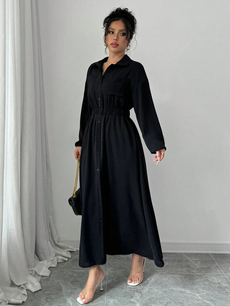 SHEIN Elenzga فستان أسود طويل كاجوال بأكمام طويلة وأزرار أمامية