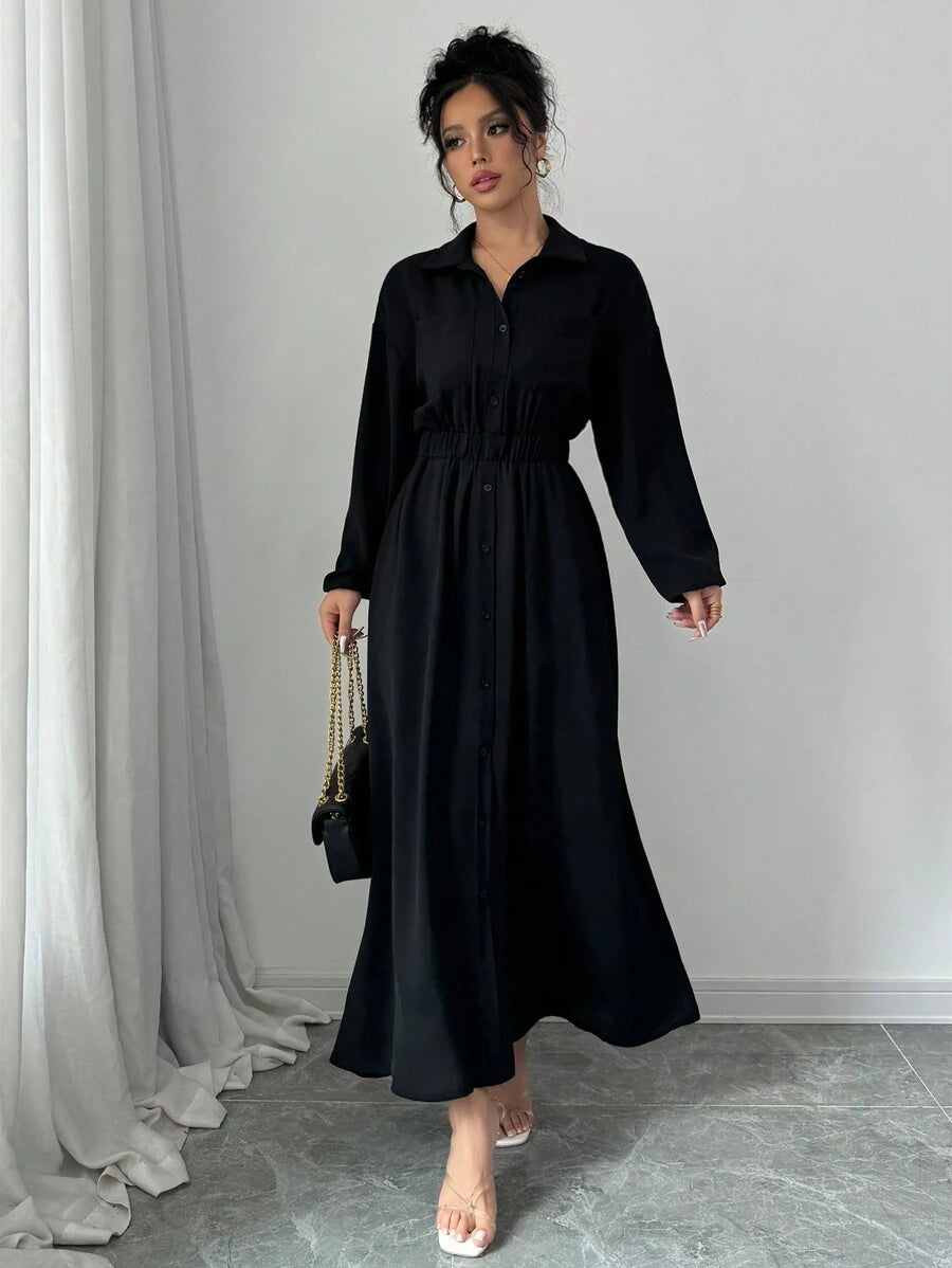 SHEIN Elenzga فستان أسود طويل كاجوال بأكمام طويلة وأزرار أمامية