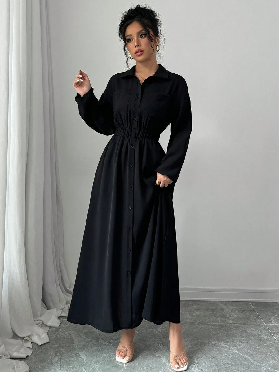 SHEIN Elenzga فستان أسود طويل كاجوال بأكمام طويلة وأزرار أمامية