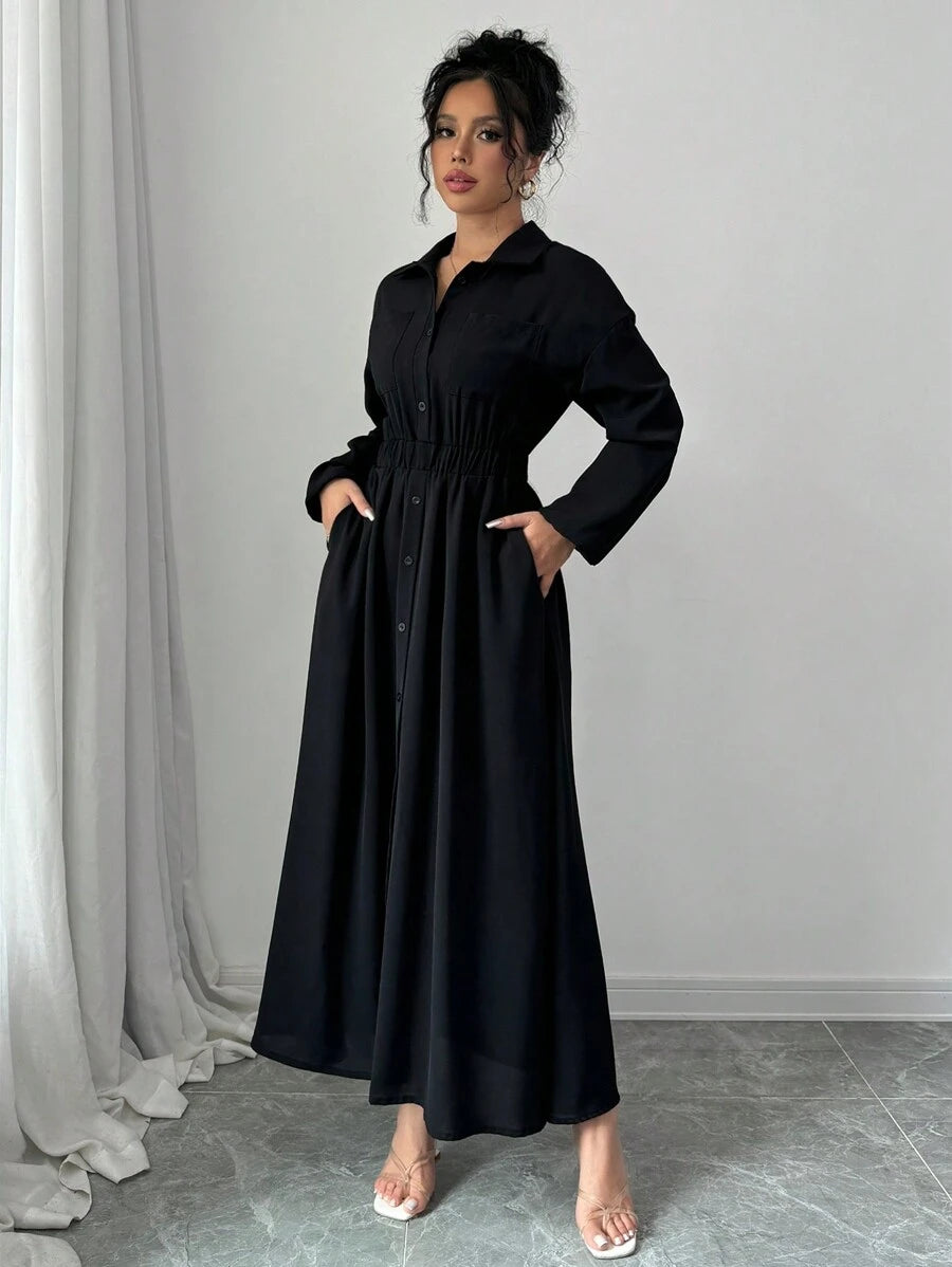SHEIN Elenzga فستان أسود طويل كاجوال بأكمام طويلة وأزرار أمامية