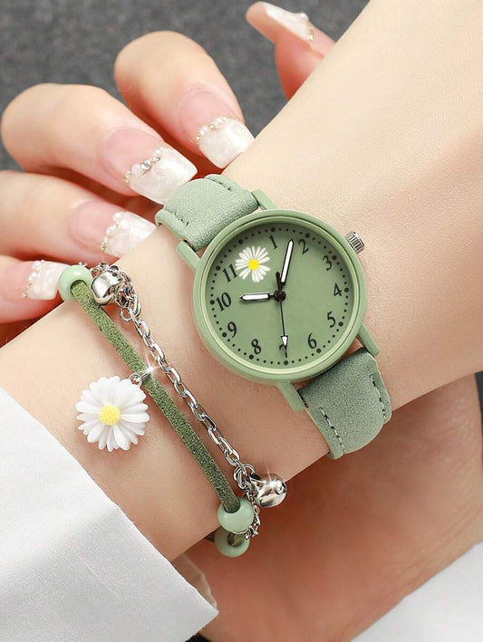 SHEIN طقم قطعتين ساعة نسائية كوارتز بتصميم زهري وسوار أنيق