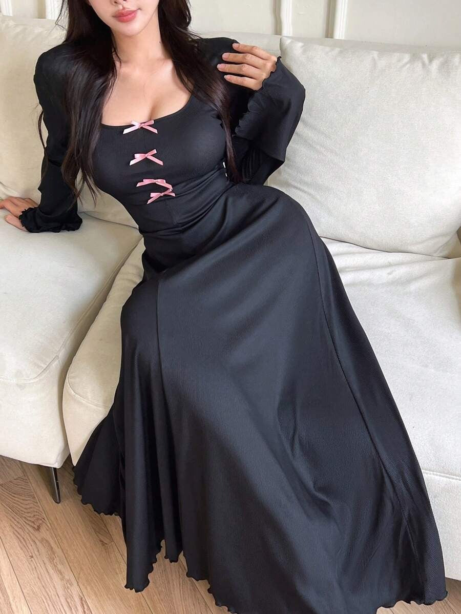 SHEIN Mulvari فستان أسود طويل مع فيونكة وردية