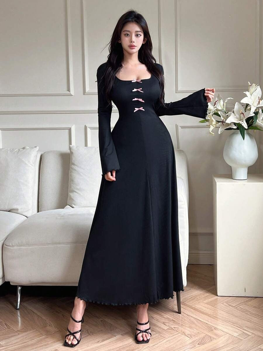 SHEIN Mulvari فستان أسود طويل مع فيونكة وردية