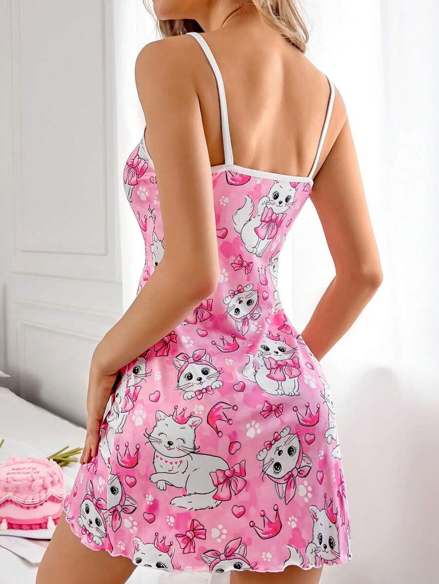 SHEIN SweetSlumber فستان نوم وردي بدون أكمام مزين بقطط
