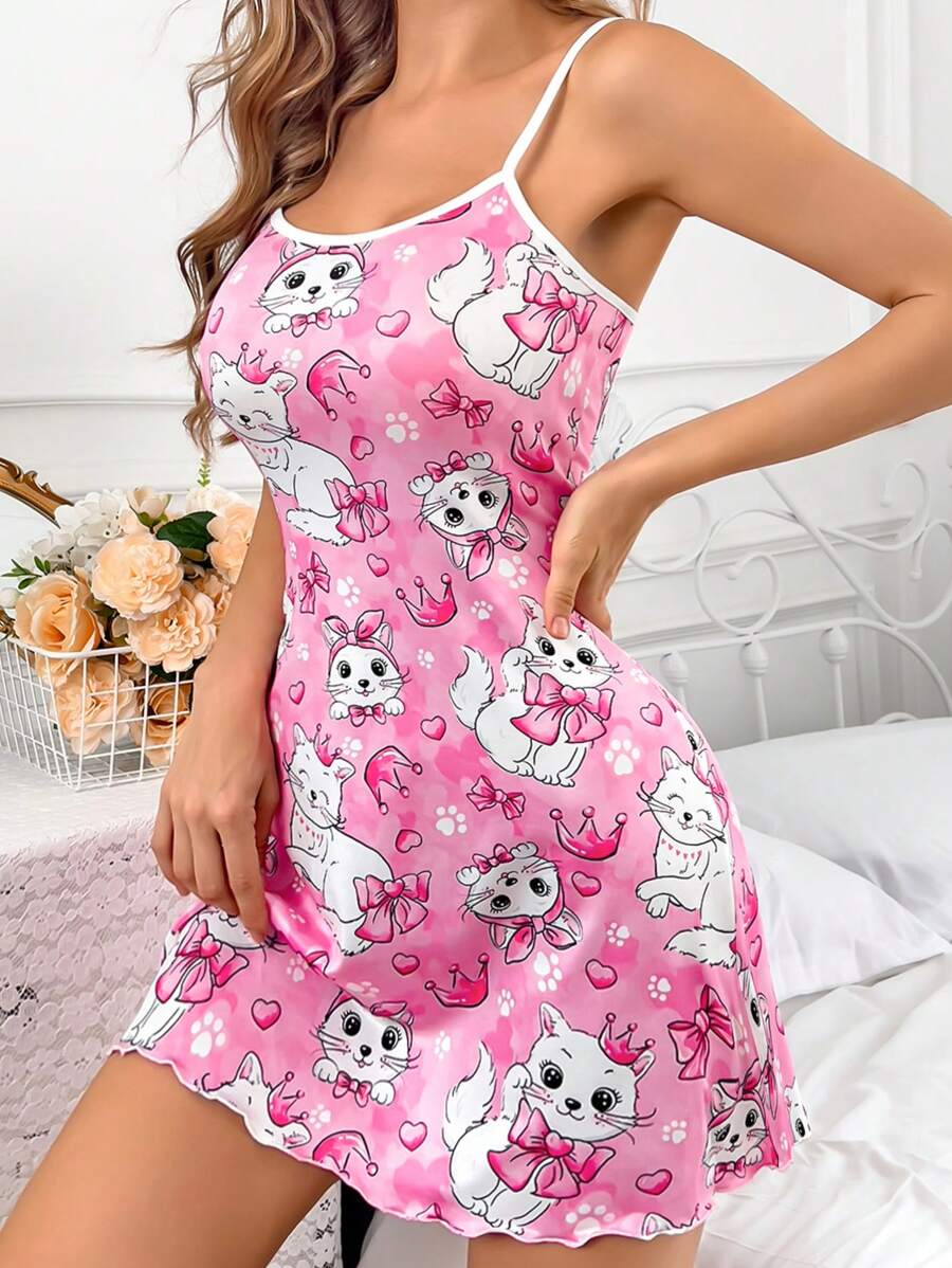 SHEIN SweetSlumber فستان نوم وردي بدون أكمام مزين بقطط