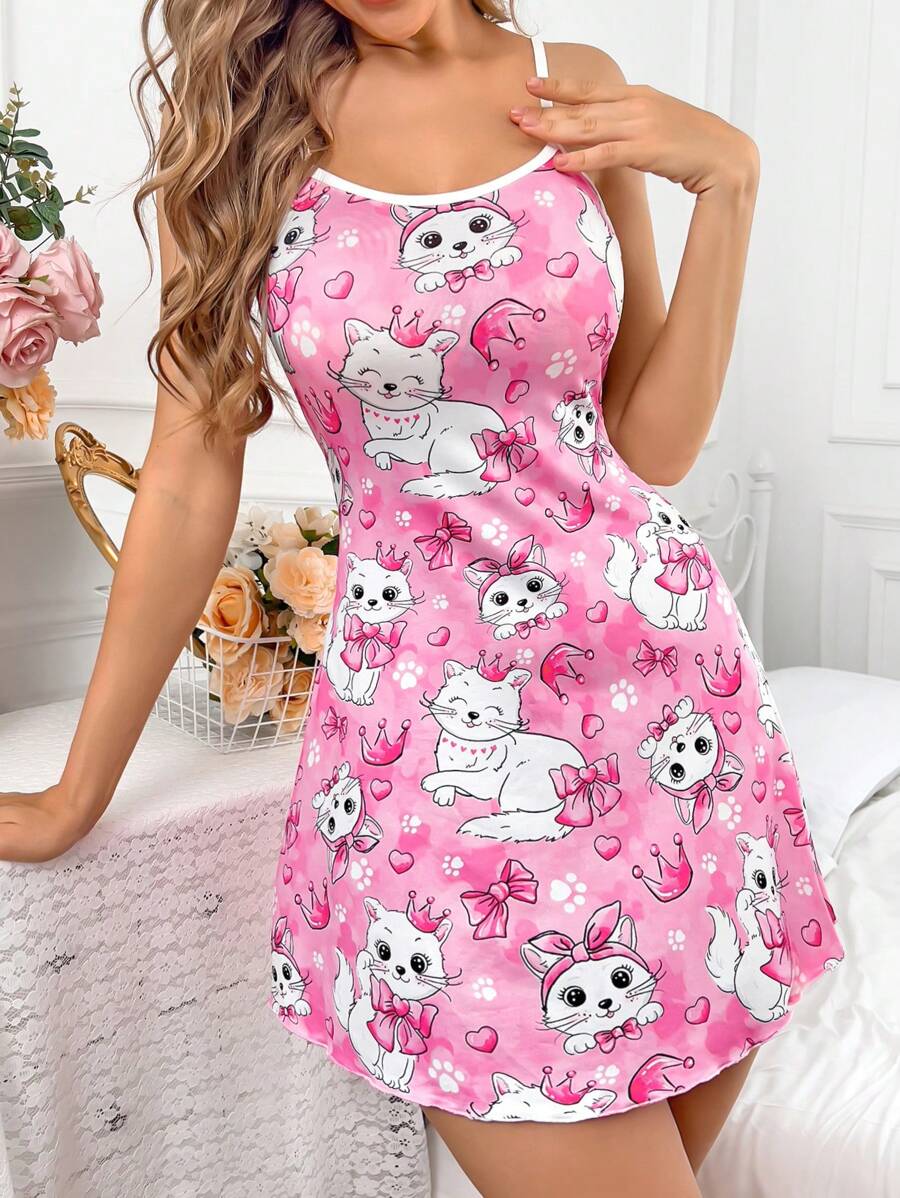 SHEIN SweetSlumber فستان نوم وردي بدون أكمام مزين بقطط