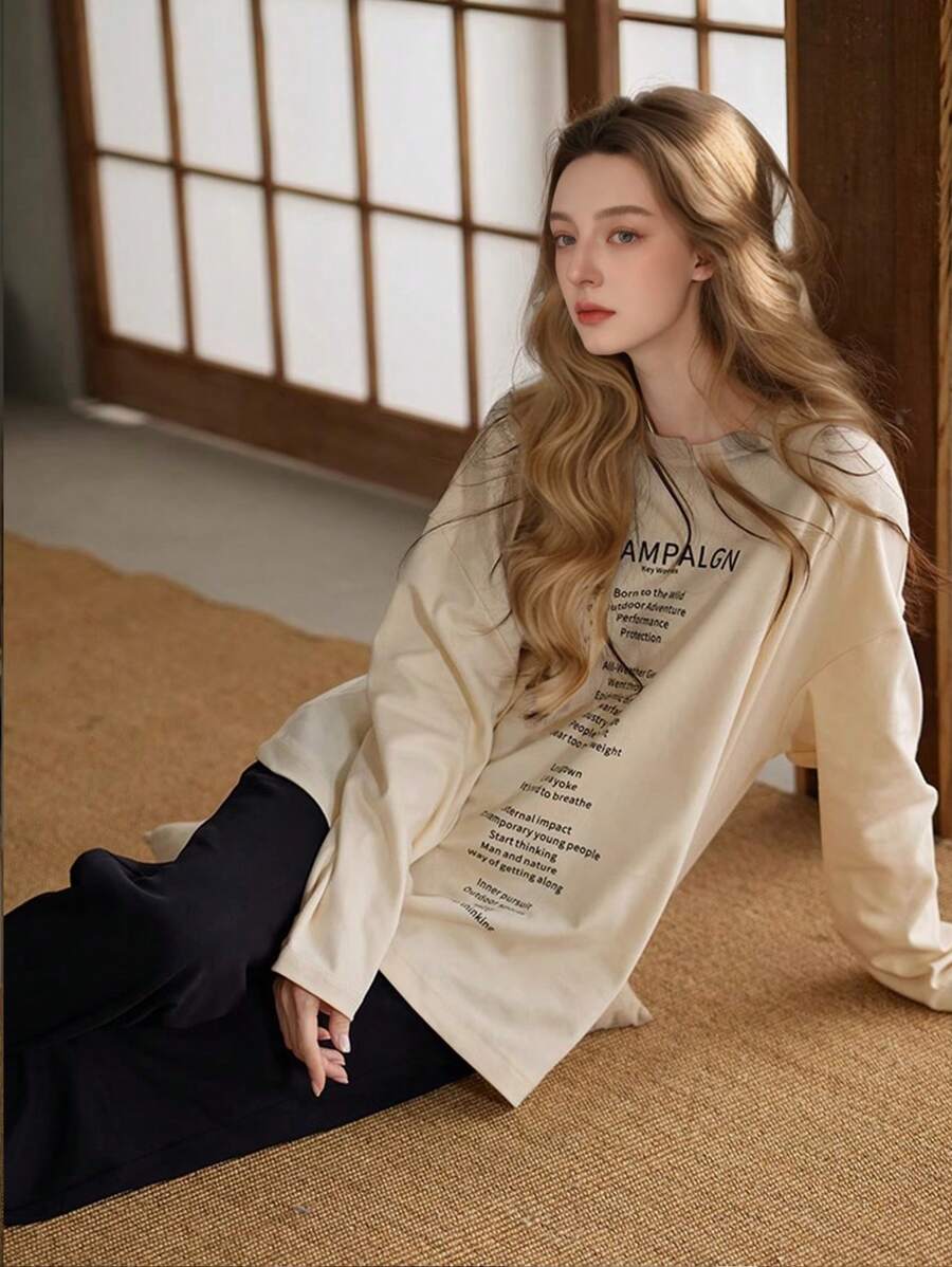 SHEIN طقم بيجامة قطعتين بأكمام طويلة وبنطال بطباعة شعارات