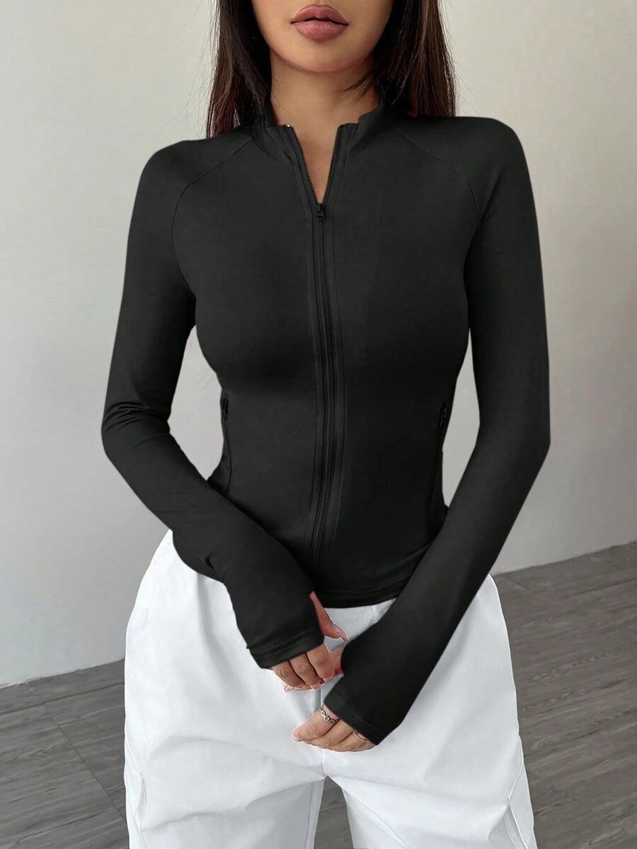 SHEIN Flirla جاكيت نسائي كاجوال بلون أسود وسحاب أمامي