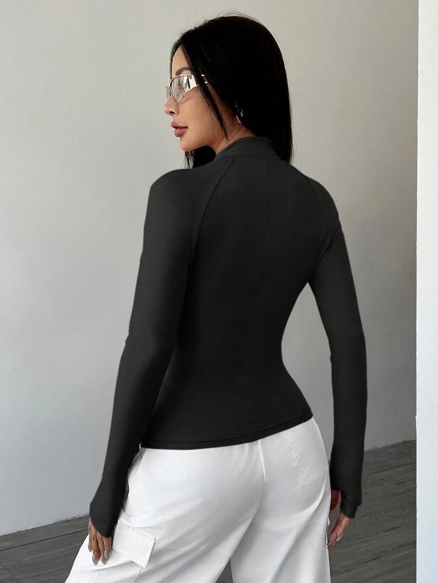 SHEIN Flirla جاكيت نسائي كاجوال بلون أسود وسحاب أمامي