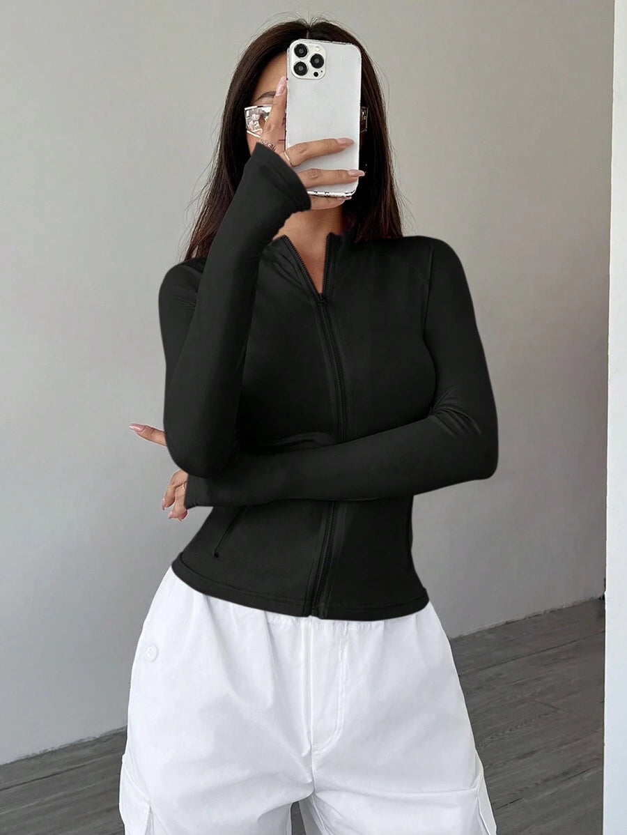 SHEIN Flirla جاكيت نسائي كاجوال بلون أسود وسحاب أمامي