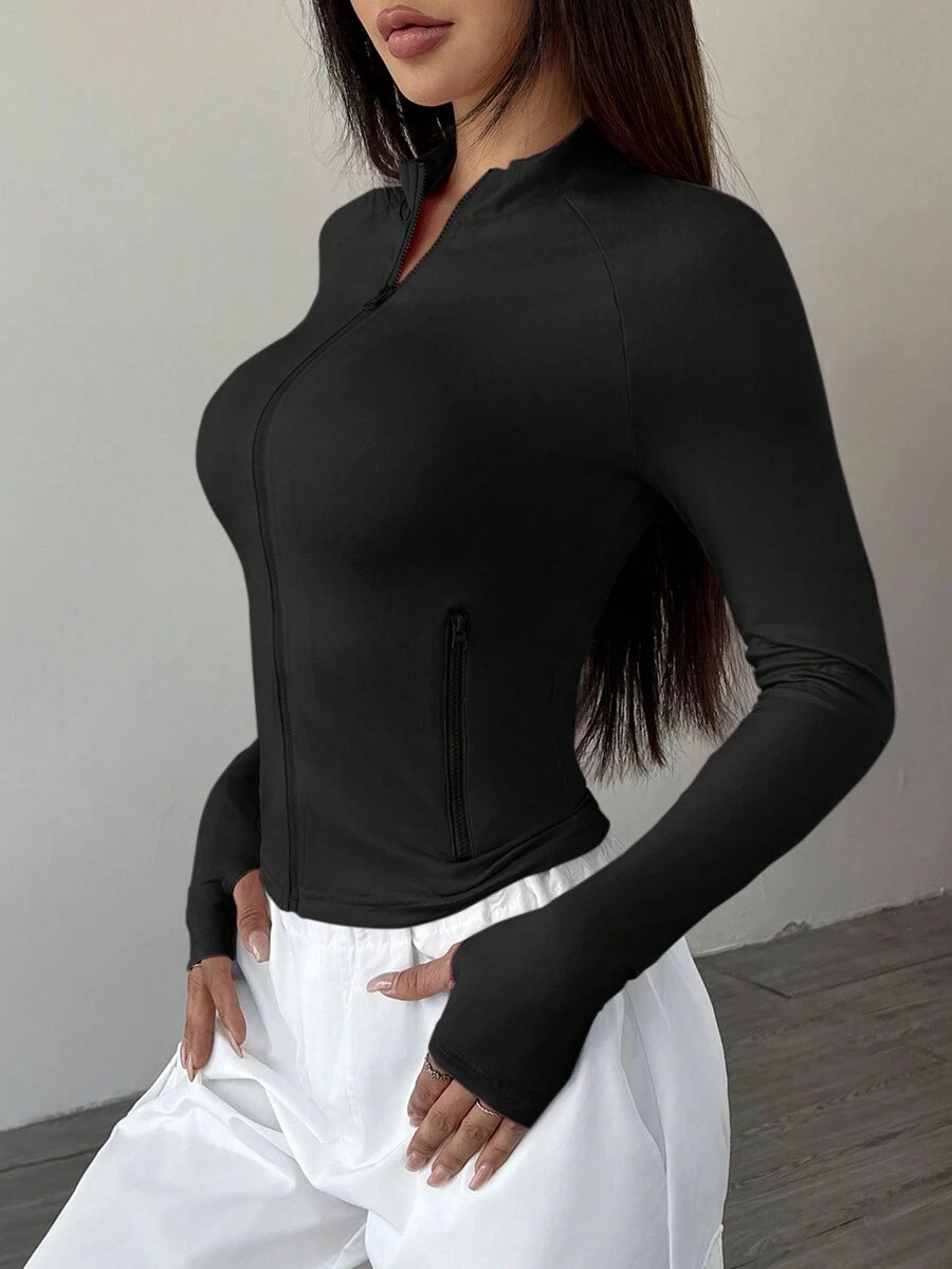 SHEIN Flirla جاكيت نسائي كاجوال بلون أسود وسحاب أمامي