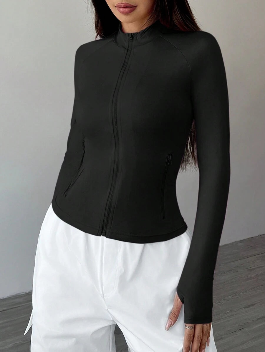 SHEIN Flirla جاكيت نسائي كاجوال بلون أسود وسحاب أمامي