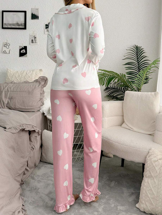 SHEIN SweetSlumber طقم بيجامة بطبعة قلوب وألوان متباينة
