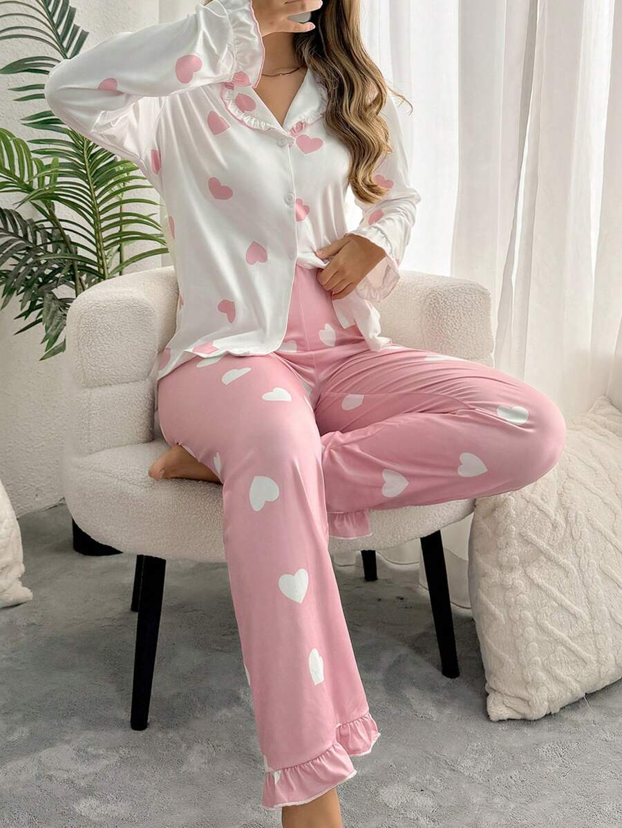 SHEIN SweetSlumber طقم بيجامة بطبعة قلوب وألوان متباينة