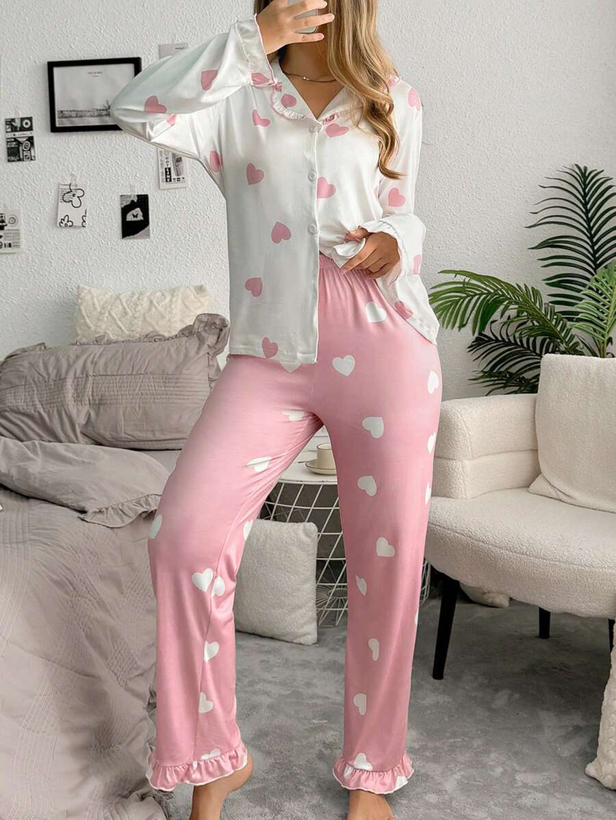 SHEIN SweetSlumber طقم بيجامة بطبعة قلوب وألوان متباينة