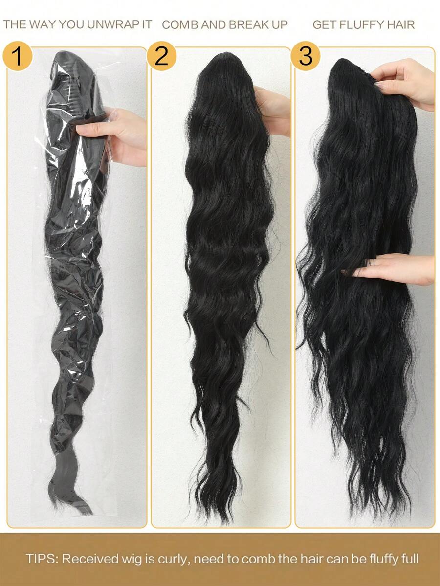 SHEIN باروكة شعر ذيل حصان مموج بلون أسود طبيعي