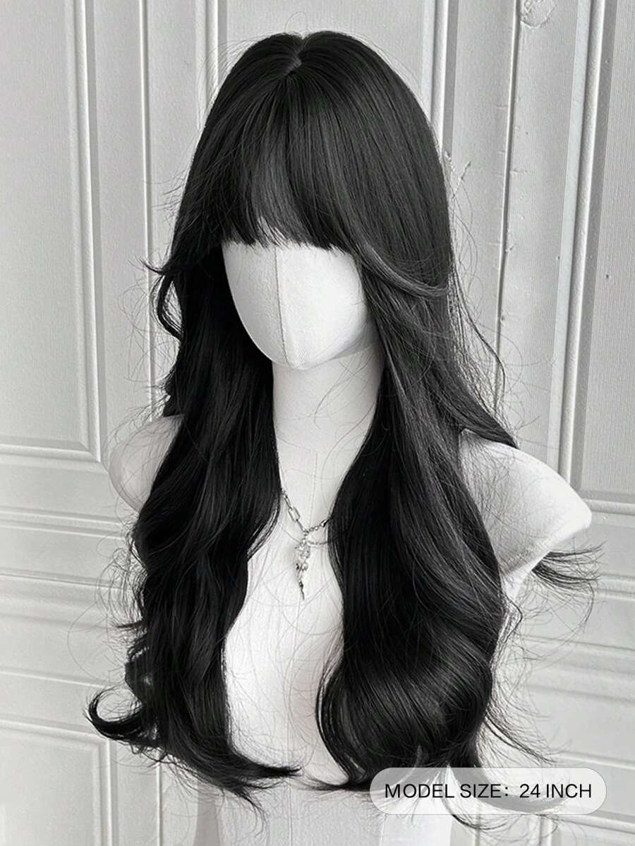 SHEIN شعر مستعار أسود طويل مموج 24 بوصة مقاوم للحرارة