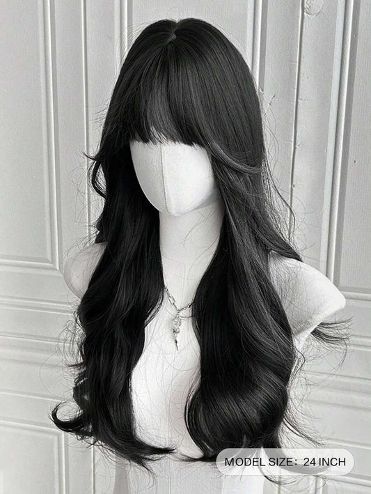 SHEIN شعر مستعار أسود طويل مموج 24 بوصة مقاوم للحرارة